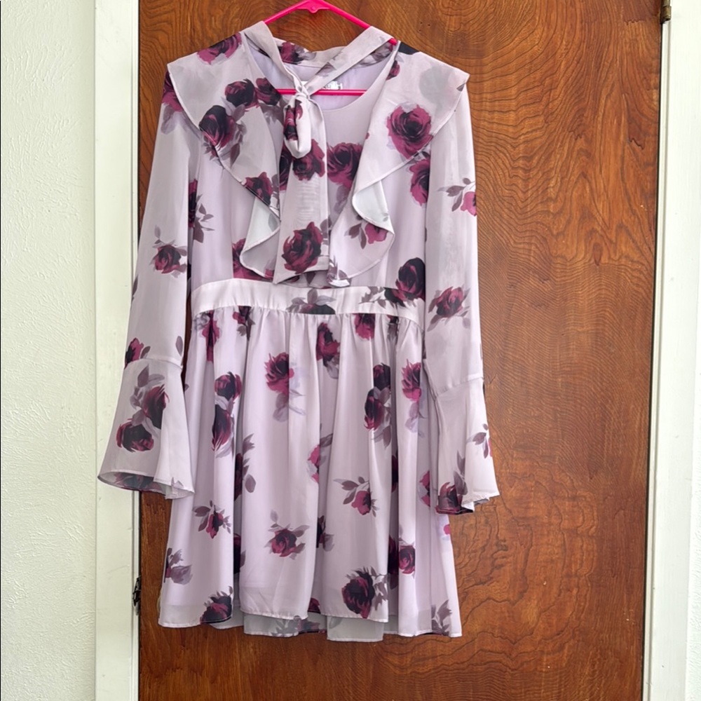 Chicwish REDDISH ROSE RUFFLE CHIFFON DRESS WITH BELL SLEEVES - Picture 2 of 12